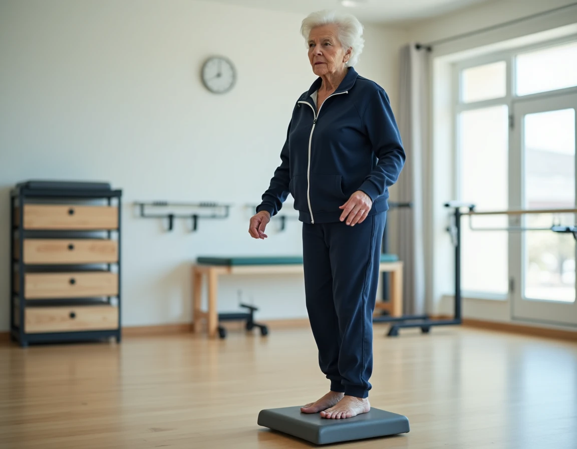 Femme âgée pratiquant des exercices de rééducation de l'équilibre sur un plateau instable dans une salle de kinésithérapie