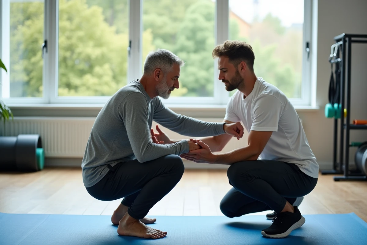 Homme d'âge mûr réalisant des exercices d'étirement guidés par un kinésithérapeute dans un centre de rééducation pour soulager la douleur quotidienne