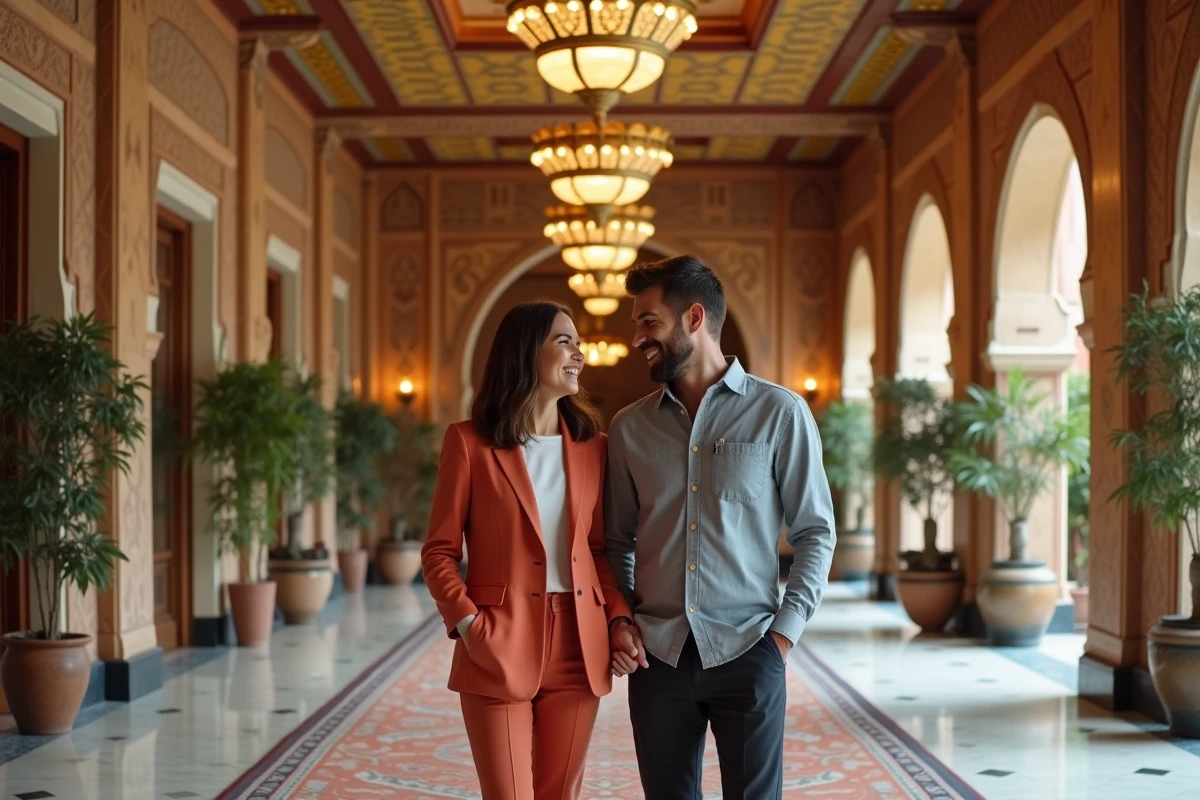 Deux personnalités élégantes riant dans le couloir Art Déco richement décoré du palace La Mamounia à Marrakech