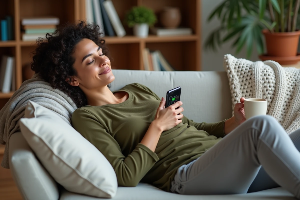 Femme utilisant une application mobile de suivi de la douleur chronique pour un accompagnement personnalisé au quotidien depuis chez elle