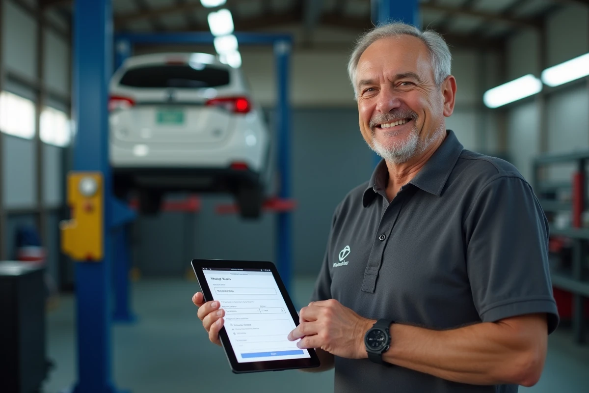 Technicien en centre Securitest consultant l'espace affilié en ligne sur une tablette dans un garage de contrôle technique