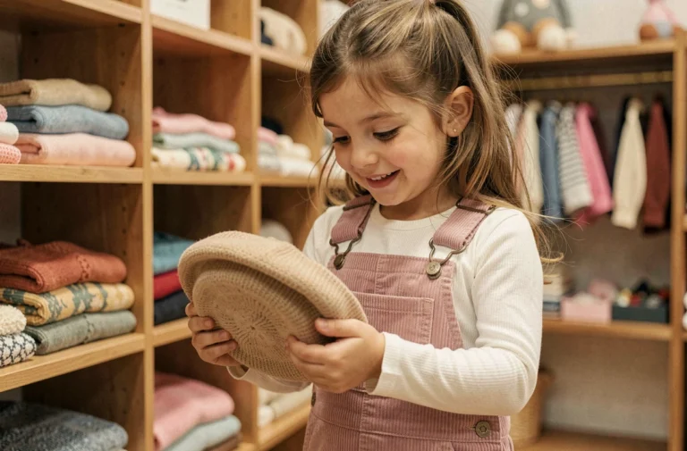 Petite fille en salopette en velours côtelé pastel tenant un béret tricoté dans une boutique de mode enfantine au décor en bois chaleureux