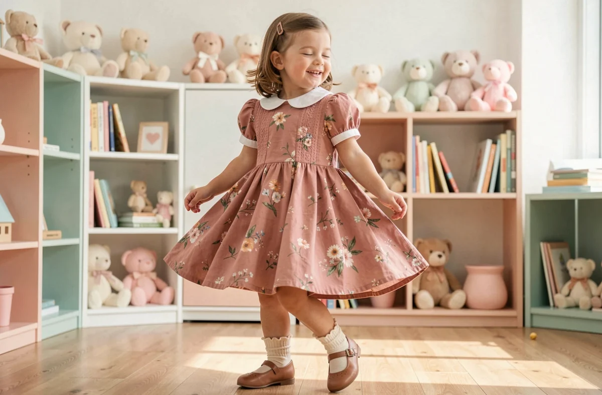 Fillette en robe smockée à fleurs rose poudré avec col claudine qui virevole dans une salle de jeu scandinave lumineuse aux étagères pastel