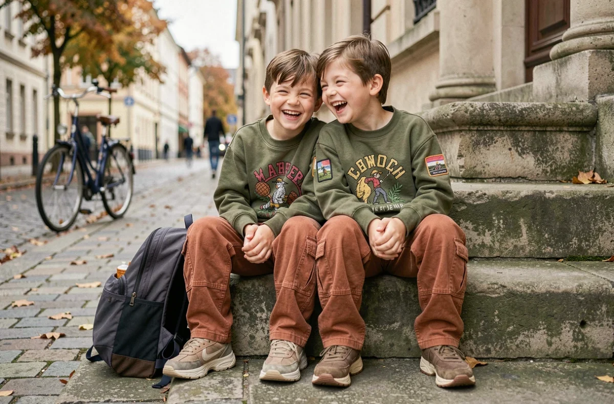 Deux garçons en tenue streetwear enfantine tendance assis sur des marches en pierre dans une rue pavée d'automne, riant ensemble