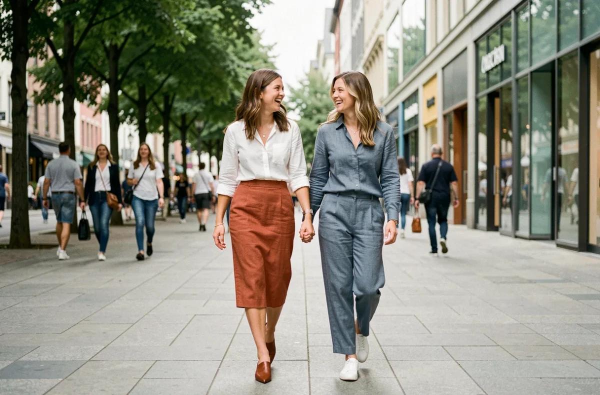 Deux femmes portant des tenues tendance NewCom inc marchant ensemble sur un boulevard urbain animé
