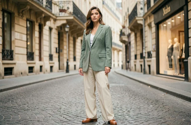 Femme en blazer sage green et pantalon large crème, tendance mode NewCom inc dans une rue parisienne pavée