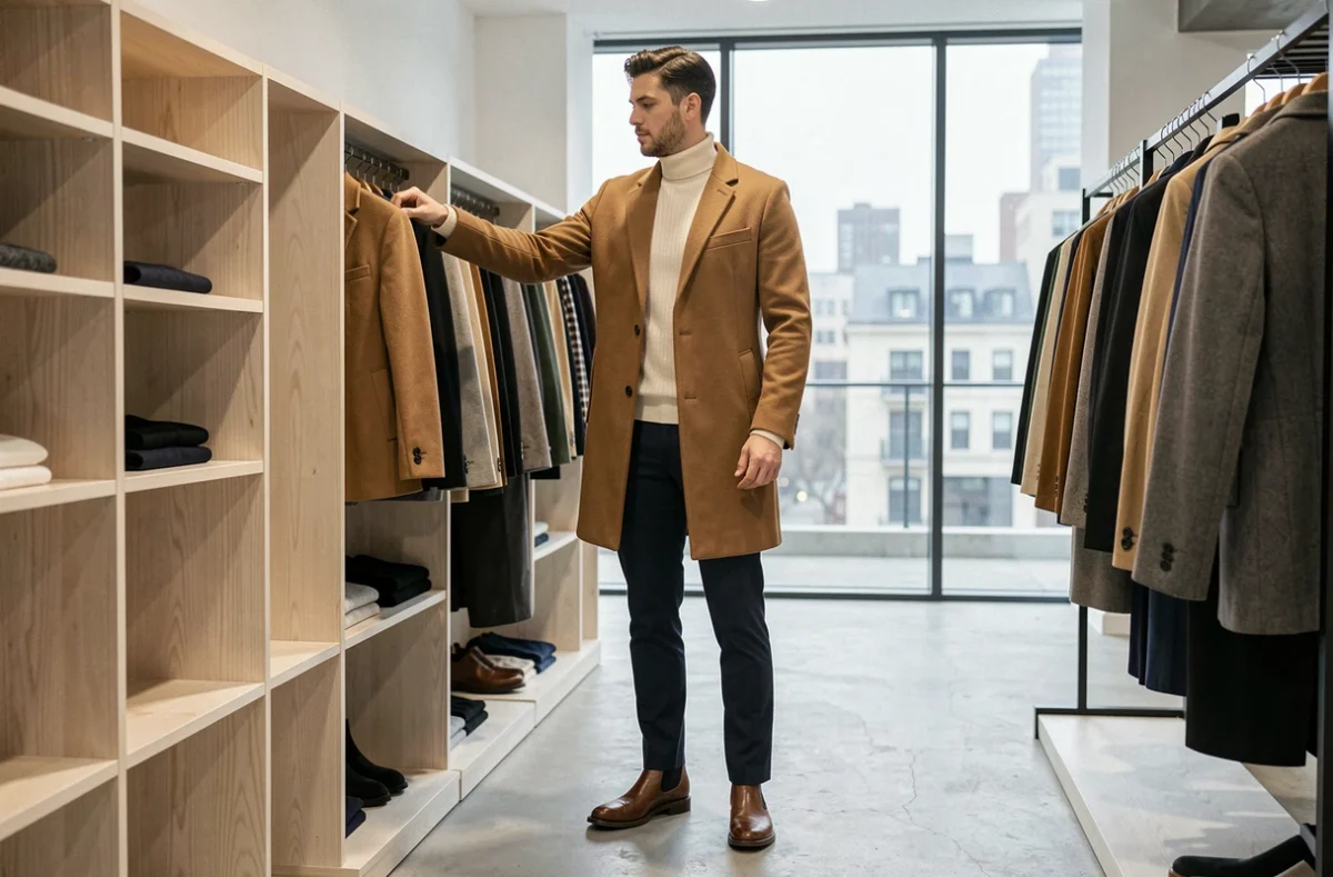 Homme en manteau camel et col roulé ivoire explorant les nouvelles collections NewCom inc dans une boutique moderne