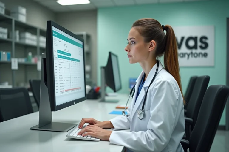 Vétérinaire utilisant un logiciel de gestion GMAO vétérinaire sur ordinateur en clinique