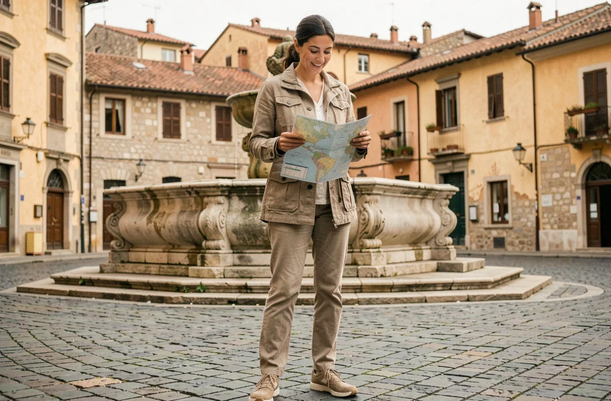 Voyageuse consultant une carte dans une place historique européenne lors d'un voyage organisé