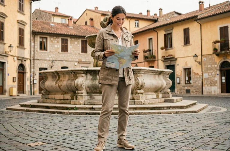 Voyageuse consultant une carte dans une place historique européenne lors d'un voyage organisé